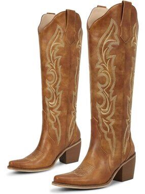 Women's Matte Brown Faux Leather Cuban Heel Pointed Toe Cowgirl Western Boots
